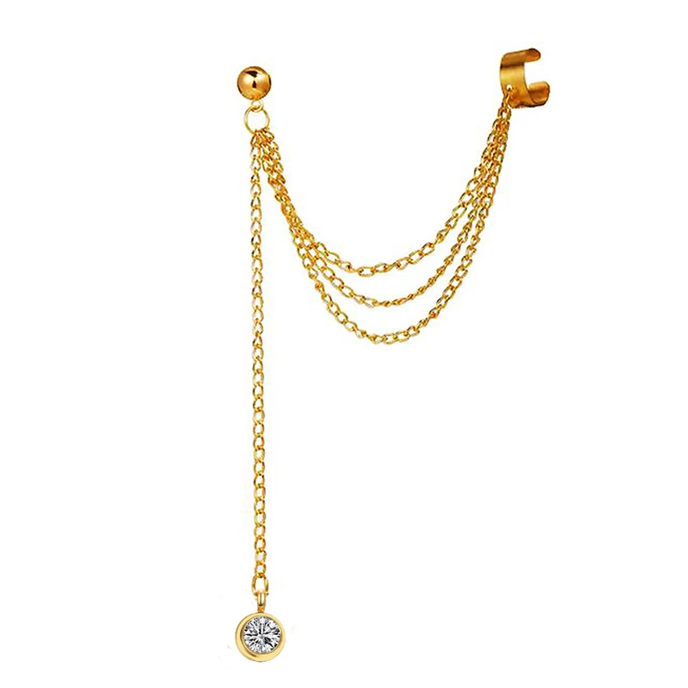 MinaMaMa Trendy Stainless Steel Tassel Chain Crystal Ear Clip For Women Girls Simple New Rhinestone Cuff Earrings Jewelry