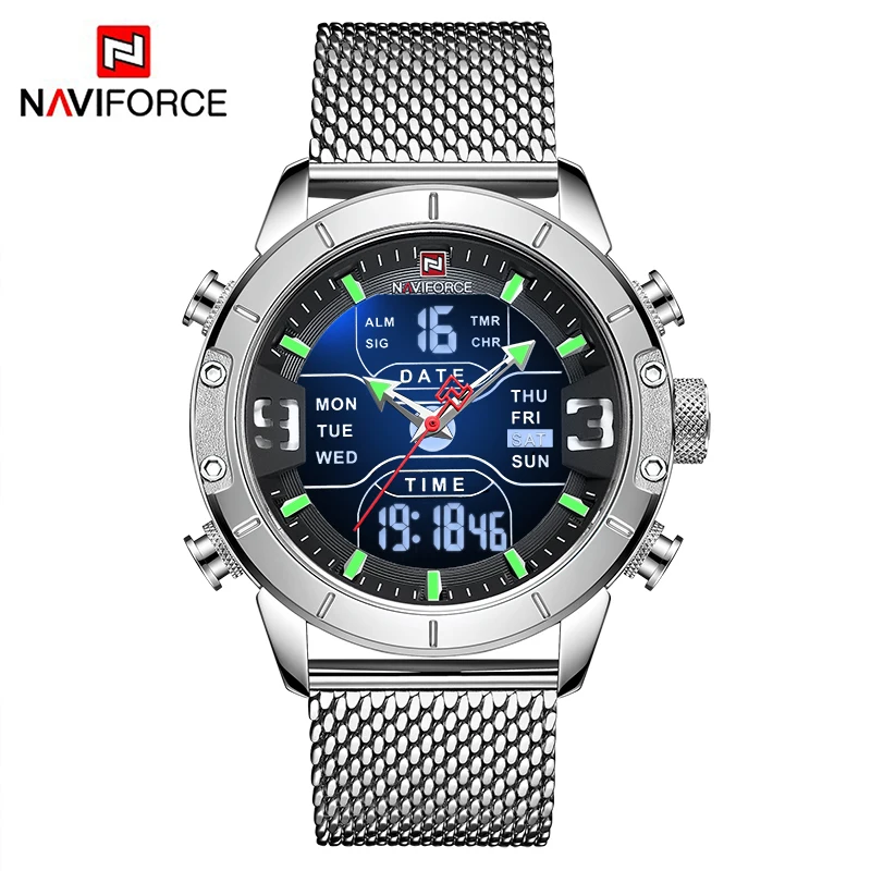 Mens watch top brand luxury NAVIFORCE 9153 stopwatch LED sport military waterproof steelstrap wristwatch relogio masculino clock