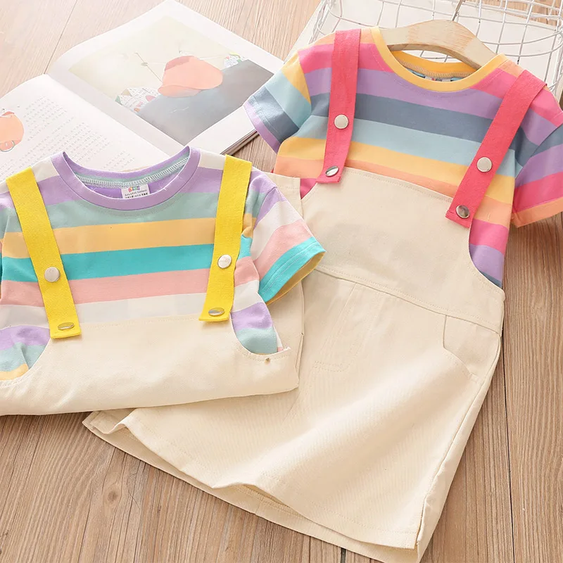 2024 Summer New 2 3 4 6 8 10 12 Years Baby Cotton Dress overalls+Short Sleeve Stripe T-shirt 2 Pcs School Kids Girl Clothing Set