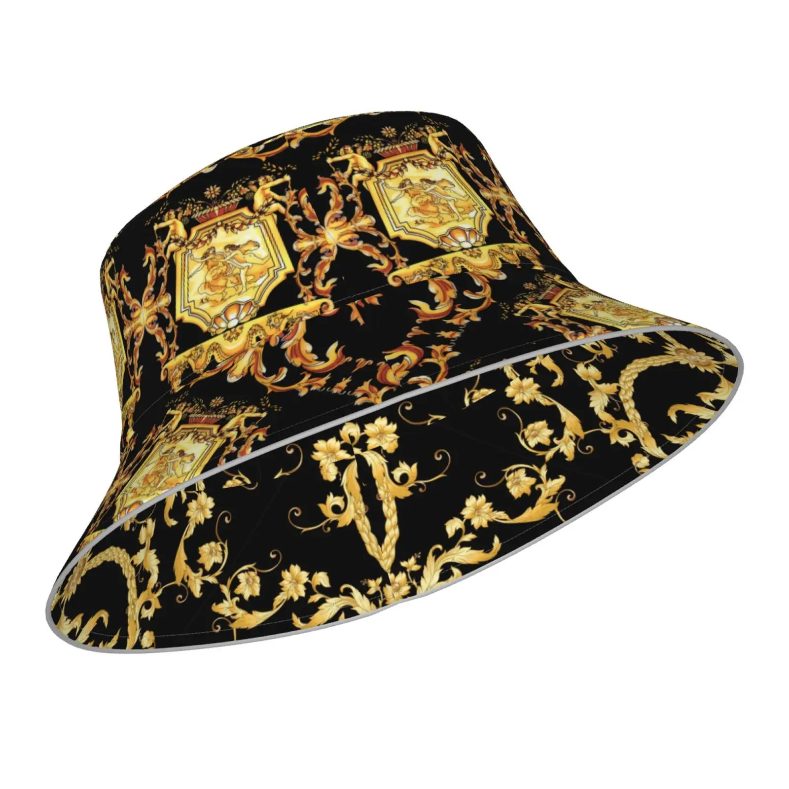 

NOISYDESIGNS Summer Outdoor Reversible Sun Fisherman Hat Luxury Golden Europe Floral Women Bucket Hats Night Reflect Light Cap