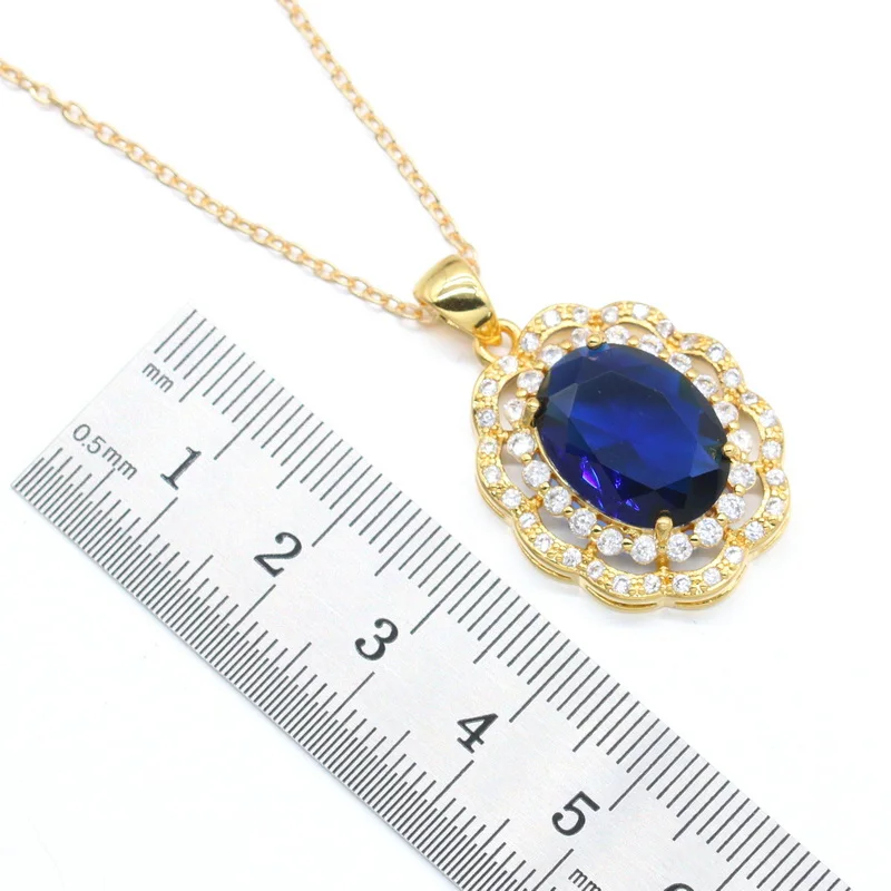 Geometric Gold Color Jewelry Set for Women Royal Blue Semi-precious Earrings Necklace Pendant Rings Gift Box