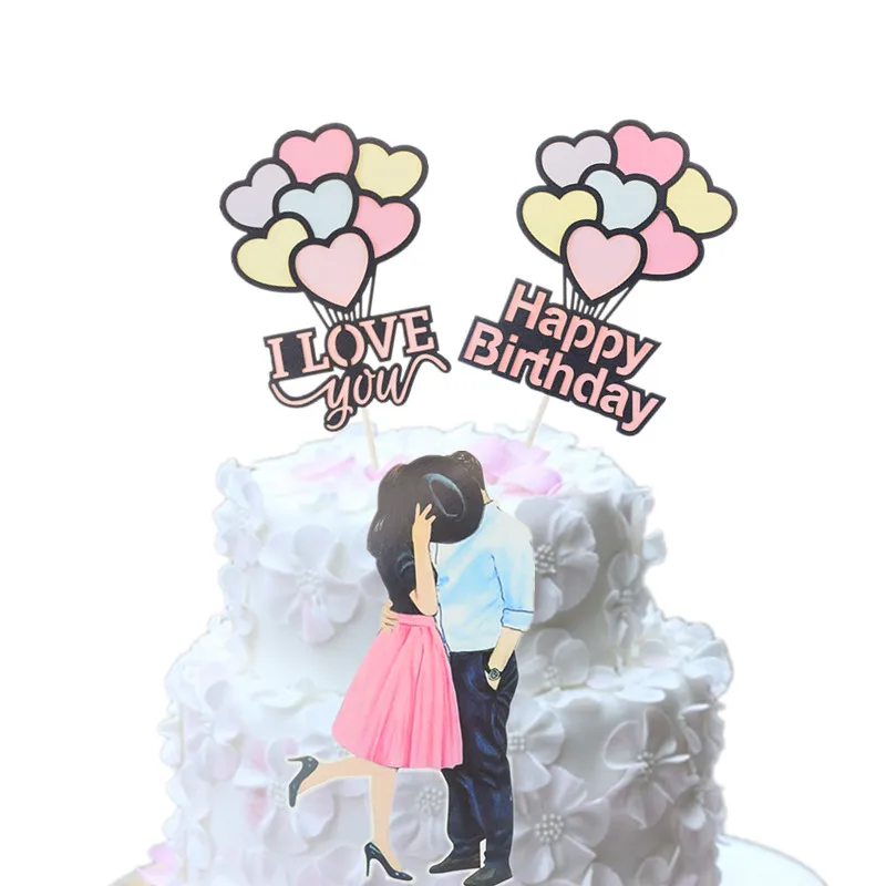 Happy Birthday Wedding Bride Cake Toppers I Love you Topper Lovers Kiss Cake Flags Couple Kids Girls Party Baking DIY Decor Xmas