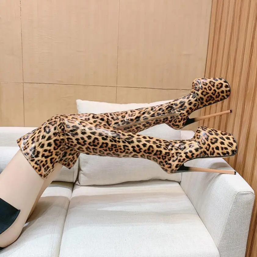 Corssdresser Leopard Print Motorcycle Botas Mujer Over-the-knee Long Boots Platform Shoes Woman 20cm Thin Heels Party 22cm Pumps
