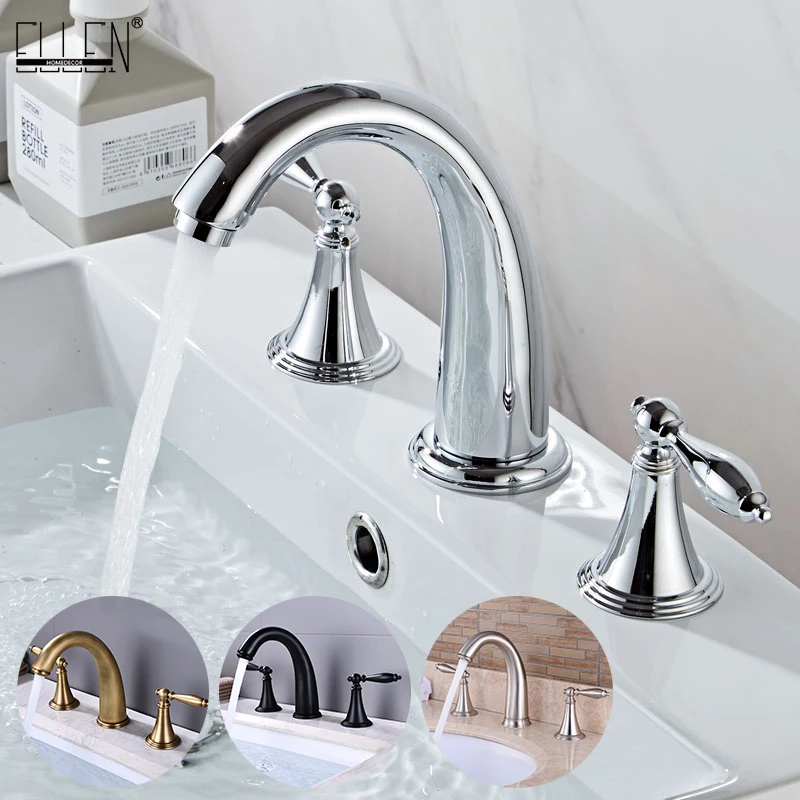 3 Hole Widespread Bathroom Sink Faucet Deck Mounted Dual Handle Hot Cold Water Mixer Tap Brush Nickel Chrome Finished EL8001-2