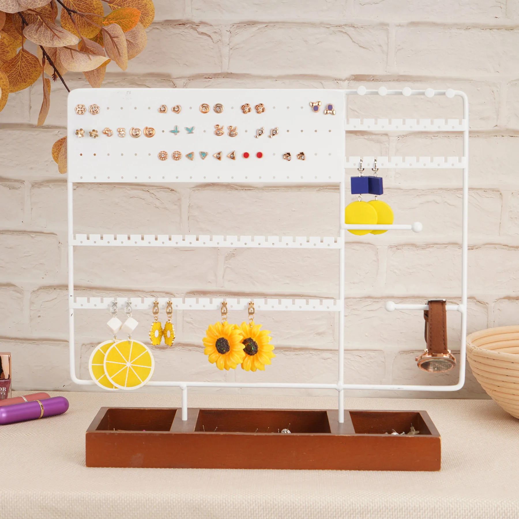 130Holes Jewelry Display Stand Ear Stud Holder Tower Rack Jewelry Organizer with Wooden Tray for Earring &Bracelet Necklace Ring