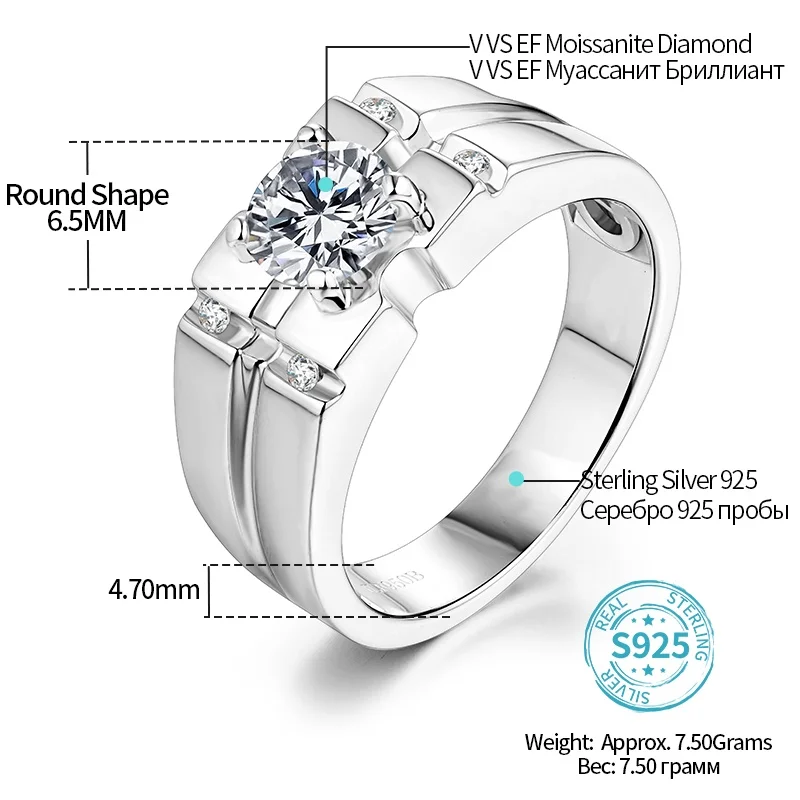 Attagems 925 Sterling Silver Moissanite Ring For Men Wedding 1.0ct Round Moissanite Center Channel Sides Men's Diamond Rings