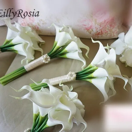 

EillyRosia White Cala Lily Bridesmaid Bouquet Artificial Real Touch Wedding Holding Flowers for Maid of Honor High Quality