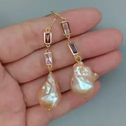 KKGEM natural 14x21mm Cultured Pink Nucleated Flameball Baroque Pearl Cz pave Chain Dangle Hook Earrings classic for women
