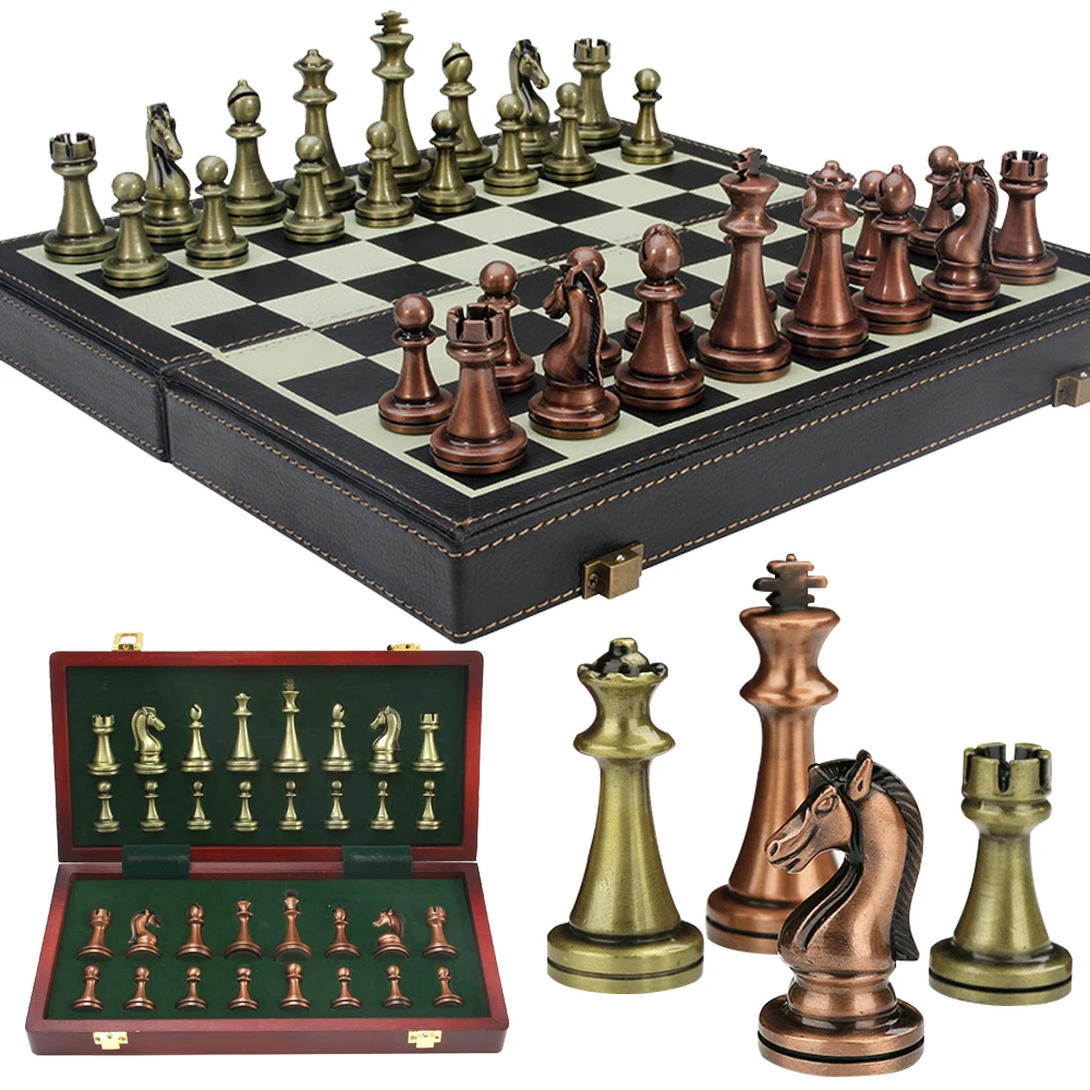 Large Metal International Chess Set with Folding Wooden Chessboard Box Retro Bronze Chessmen Storage Slots for Kids Adult Game