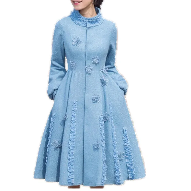 autumn winter vintage lantern sleeve woolen coat women stand collar slim ball gown skirt wool blends coat