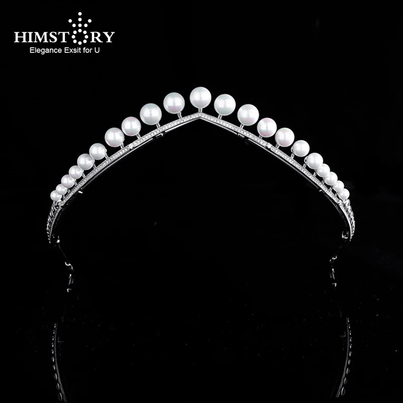 Himstory-Diadema clásica de circonia cúbica para fiesta, diadema de princesa, Perla de agua dulce, corona, Tiaras, accesorios para el cabello de boda y graduación