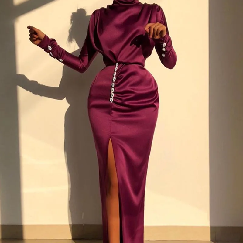 Women Sexy Satin Splits Long Sleeve Maxi Dress High Neck Ruched Thigh Slit Dress