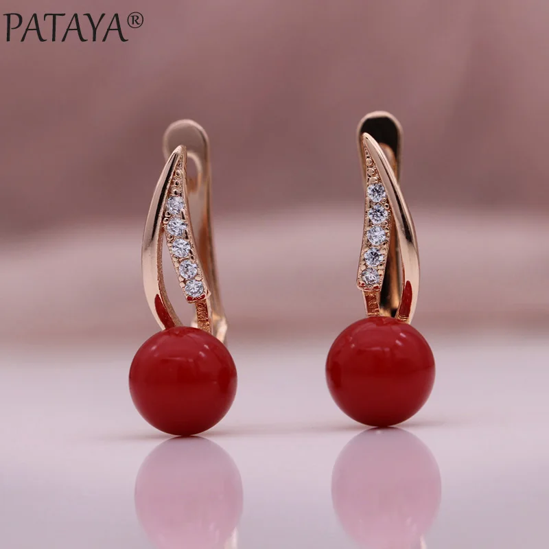 PATAYA New Round Shell Pearl Long Earrings 585 Rose Gold Color Natural Zircon Drop Earrings Women Simple Wedding Fashion Jewelry