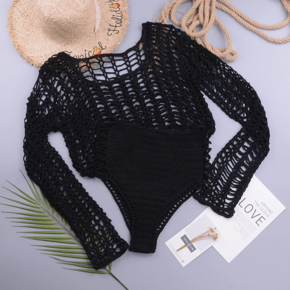 Đồ Bơi Nữ Bikini Croptop Bãi Biển Chia Đồ Bơi Fishnet Rỗng Ra Lưới Thể Làm Tay Dài Boho Đi Biển