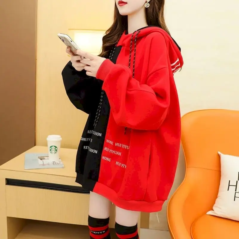 Hoodies Women Plus Velvet Thick Winter Hooded Jacket Korean Loose Oversized Medium-length Hoodie Color Matching Coat Womens Top