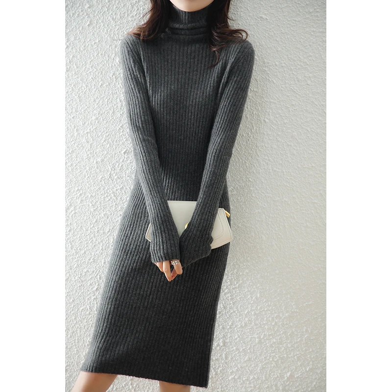 100% Sweter Rajutan Wol Murni Wanita Penjualan Laris Gaun Turtleneck Jumper Wanita Rajutan Wol Lembut Hangat Musim Dingin Panjang