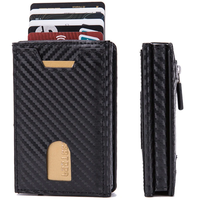 Cartera de cuero con grabado personalizado para hombre, Tarjetero con bloqueo RFID, antirrobo, con ventana de identificación, bolsillo para monedas