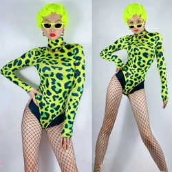 New Neon Green Leropard Bodysuit Long Sleeves Women Singer Stage Costume Jazz Gogo Dancer Pole Dance Clothing Rave Wear DNV15196
