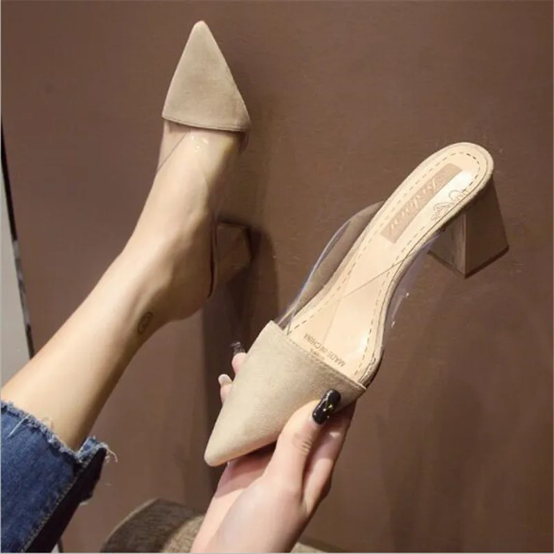 Pointed Toe Suede Square Heel High Heels Muller Slippers Women 2025 Summer Shoes Women Fashion Patchwork Shallow ladies shoes