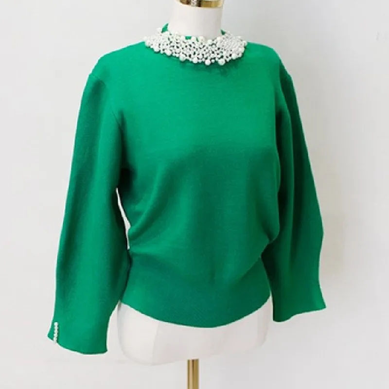 Pearl Beading Vintage Pullover Sweater Women 3/4 Sleeve Half High Collar Tops Solid Elegant Ladies Jumpers 2022