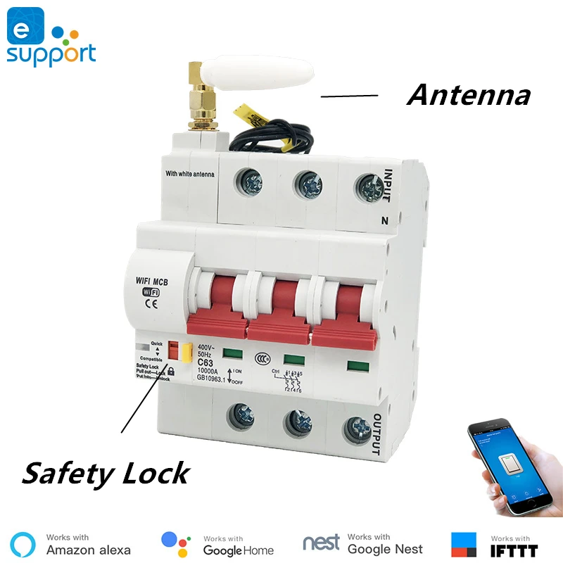 63A eWelink WiFi Smart Circuit Breaker Interruptor automático Proteção contra sobrecarga e curto-circuito, funciona com Alexa e Google Home