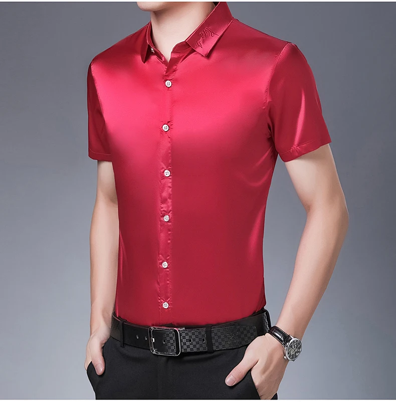 High Quality male short sleeve silk shirt 2017 summer men shirts pure color soft satin silk dress shirts