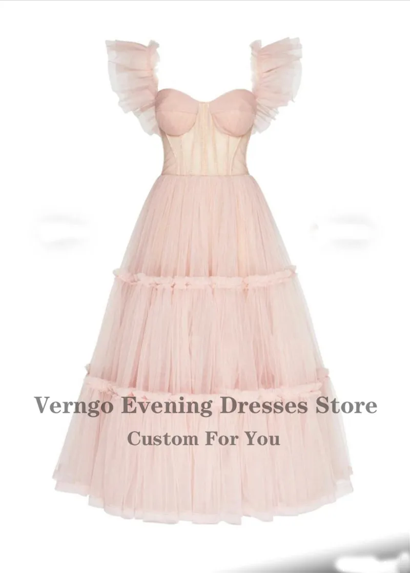 Verngo-vestido elegante de tul con hombros descubiertos, vestido de fiesta de línea A, ajustado, corsé de deshuesado, largo hasta el té, vestido de fiesta de regreso A casa, rosa rubor