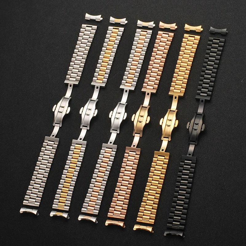 Semicircle Link Solid Stainless Steel Watch Band 12 13 14 16 17 18 19 20 21 22mm Replacement Watch Strap 3Rows with Curved End