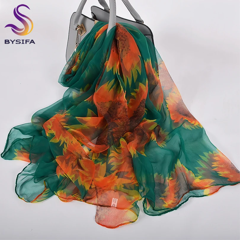 [BYSIFA] Orange Green Silk Scarf Winter Fashion Accessories Fall Brand Sunflower Women Long Scarves Ladies Thin Silk Scarf