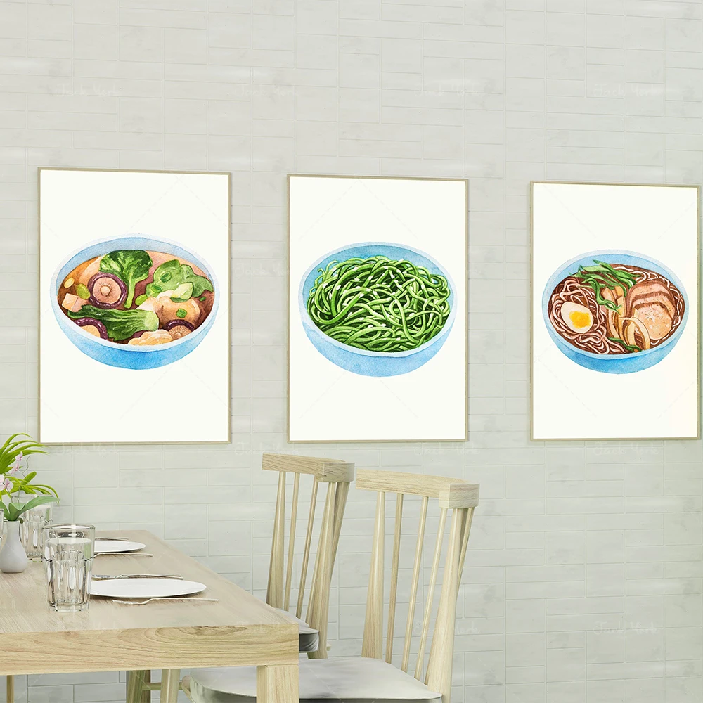 Modern watercolor noodle wall art, ramen food art, a great choice for home and kitchen decoration gifts.