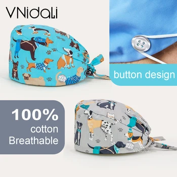 Vnidali-남성용 스크럽 모자, 조절 가능한 스크럽, 여성 유니섹스 개 프린팅 시리즈, 코튼 스크럽 모자, 미용실 작업 모자, 간호사 모자