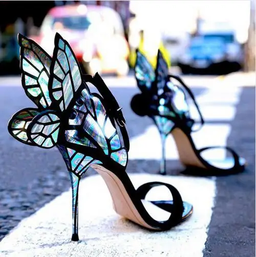 

Metallic Embroidered Butterfly Sandals Metal Heels Angel Wings Pump Party Wedding Ankle Wrap High Heels Crystal Sandals Shoes