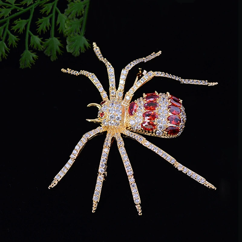 Luxury Red Spider Rhinestone Brooches for Women Men Fashion Shiny Cubic Zirconia Wedding Jewelry Decoration Insect Corsage Pins