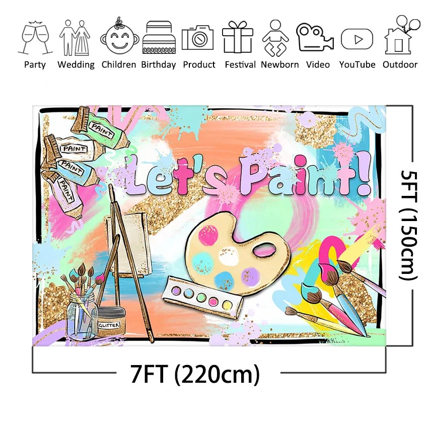 Mocsicka Let's Paint Party Backdrop for Kids Birthday Colorful Graffiti Splatter Dress for a Mess Art Painting Photo Background