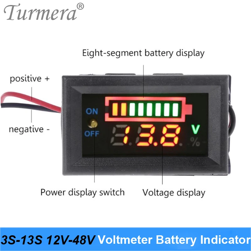 Lithium Lifepo4 Battery Indicator 12V 24V 36V 48V 60V Voltmeter Display with Switch Battery for 12V Car and Screwdriver Turmera