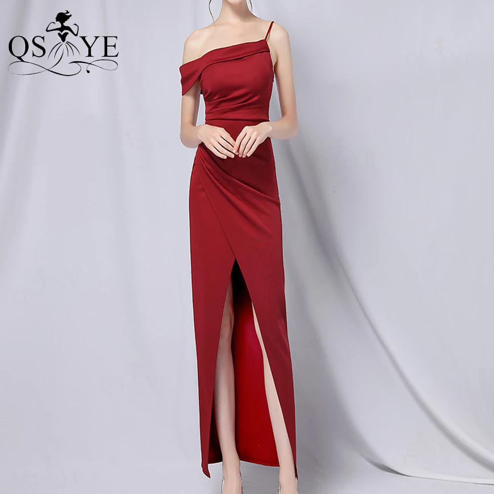 

Burgundy Prom Dress Front Split Simple Evening Gown Tea Length Ruched Formal Dress Straps Side Sleeves Deep Red Women Party Gown