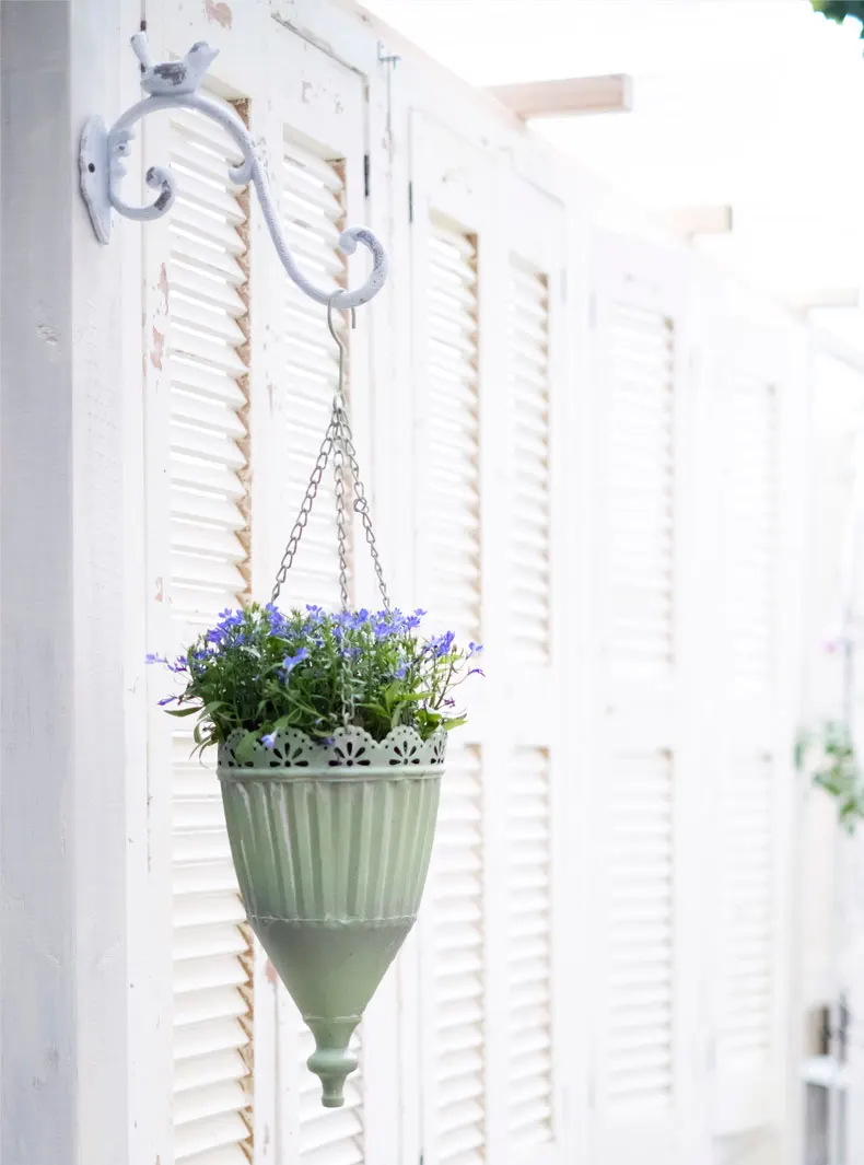 Unique Hanging Planter Cachepot for Flower, Handcrafted, Green, Retro, Rustic, Metal, Iron