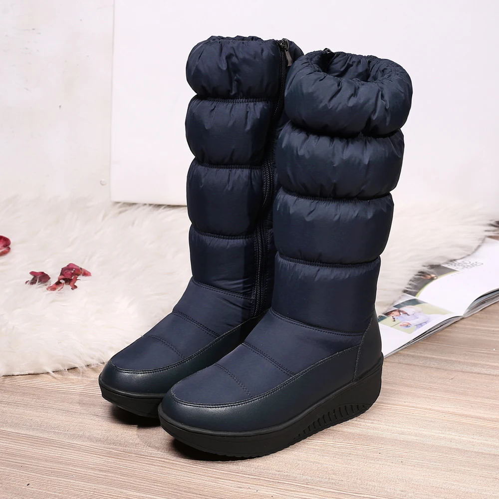 Bottes de neige à semelles compensées et mi-mollet pour femme, chaussures à plateforme, imperméables, à la mode, noires, bleues et blanches