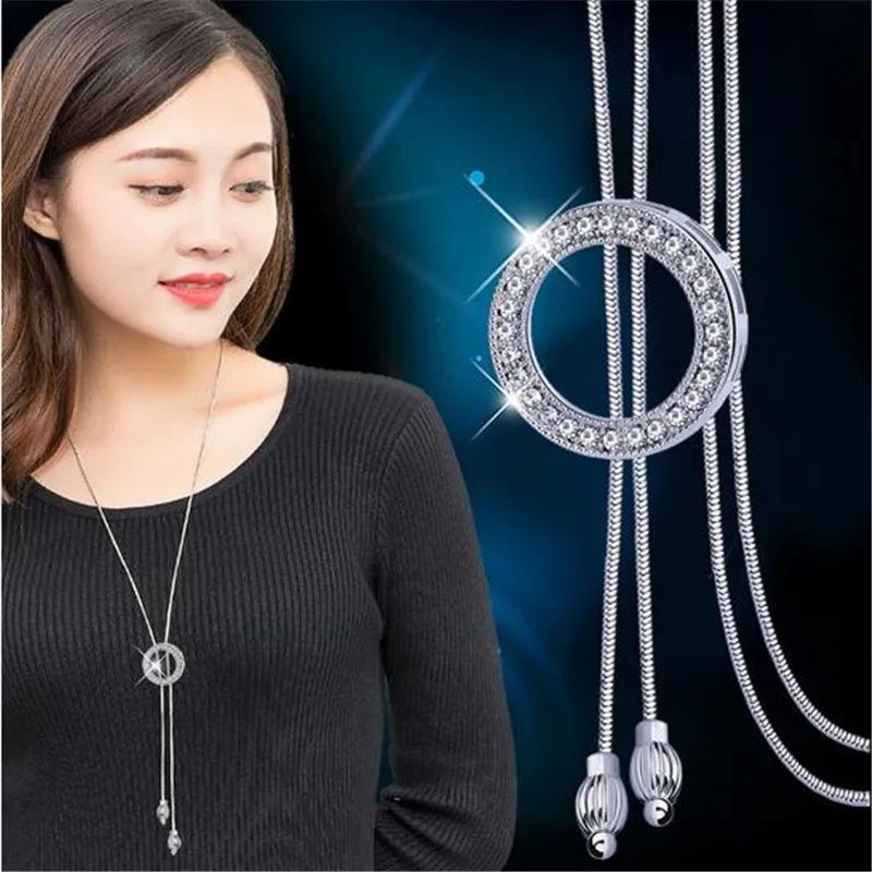 Silver Color Round Tassel Necklaces Sweater Chain Fashion Personality Simple Metal Long Necklace Pendant Gift