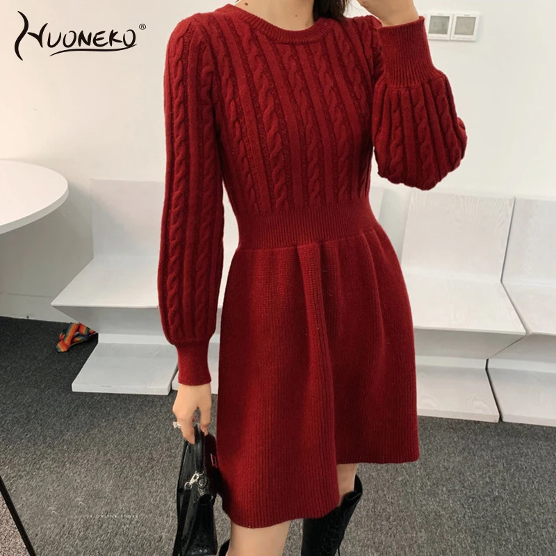 Women Sweater Long Sleeve Dresses Autumn Winter Knitted Patchwork Slim O Neck Elegant Solid Color Cozy Pullover Dresses WDR34