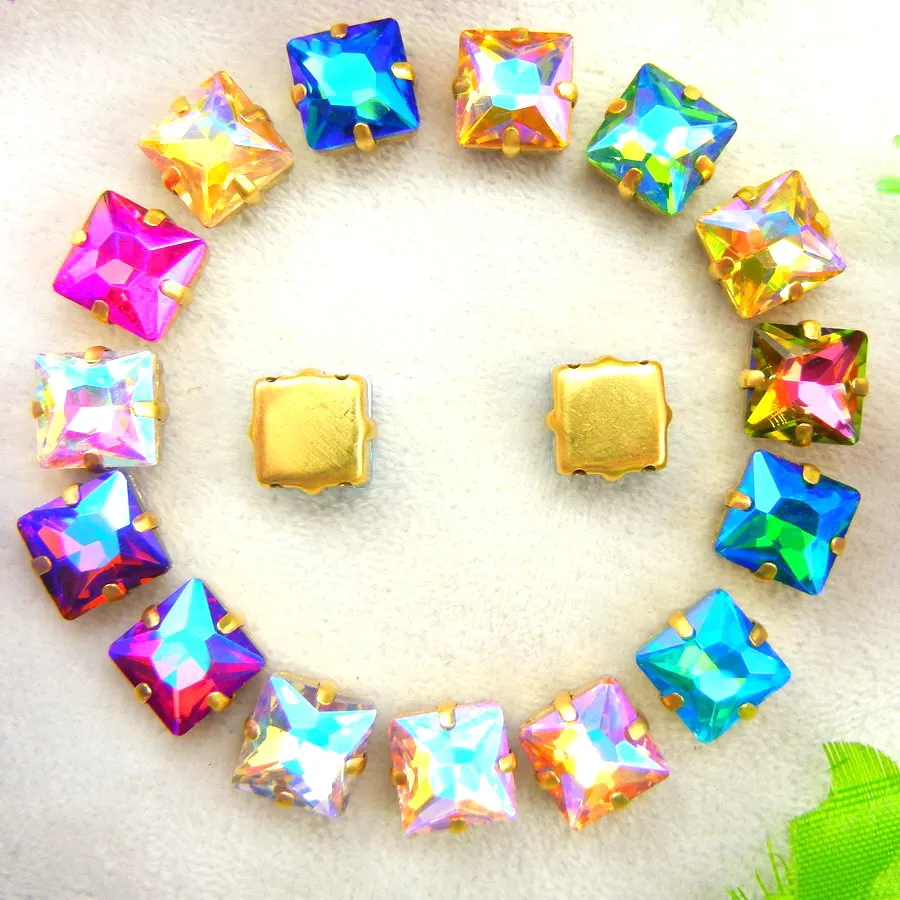 AB-Farben Goldene Krallenfassungen 8mm 10mm 12mm Quadratische Glas-Nähkristall-Strassperlen für Hochzeitskleider DIY-Besatz – Detail 3