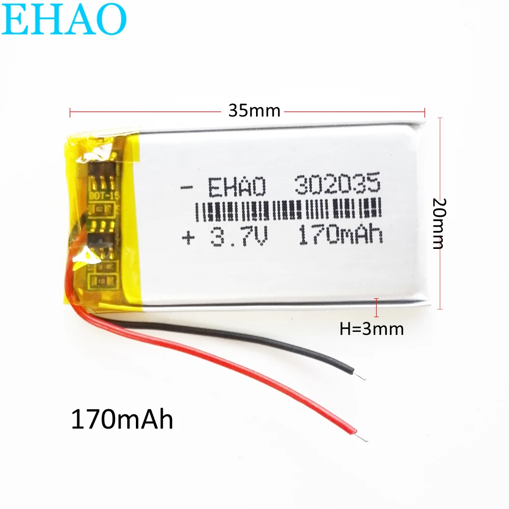 EHAO 302035 3.7V 170mAh Lithium Polymer LiPo Rechargeable Battery For Mp3 GPS bluetooth gps DVD vedio pen headphone