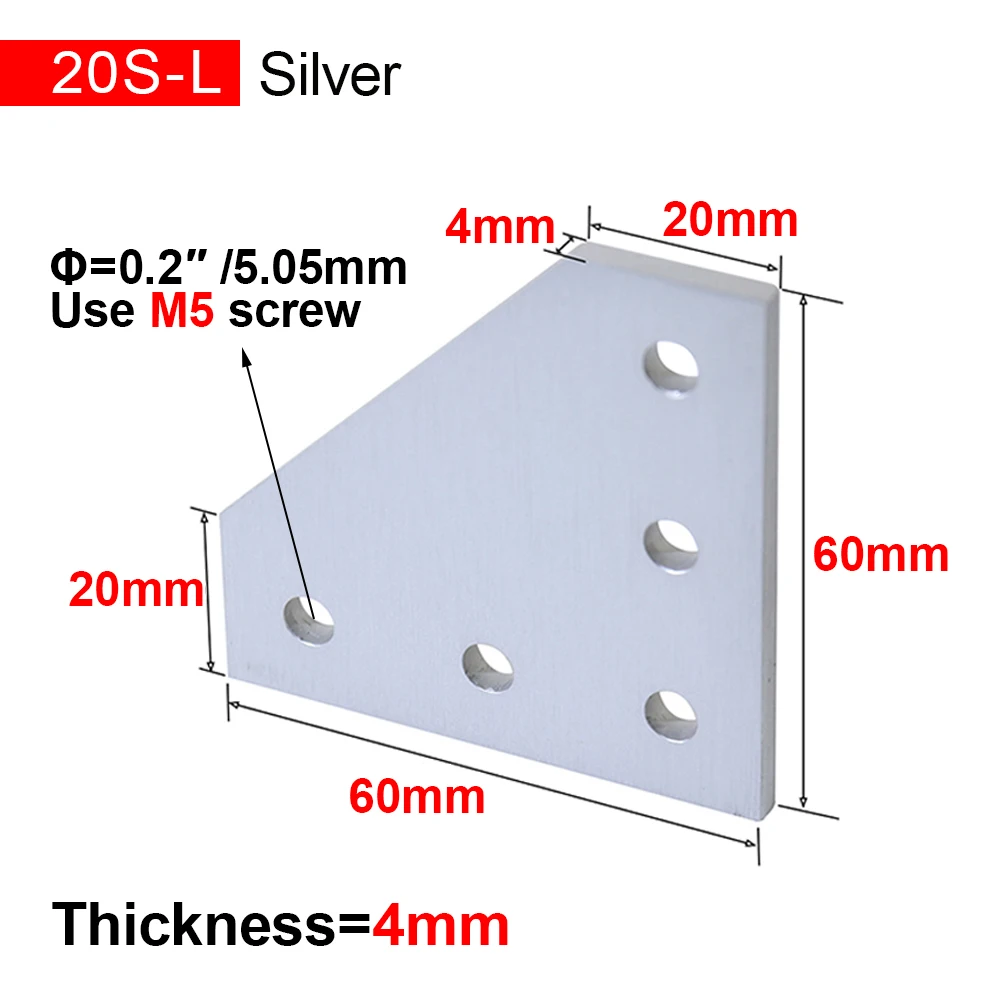 4pcs 20x20 with 5 Holes 90 Degree Joint Board Plate Corner Angle Bracket Connection Joint Strip for Aluminum Profile 2020
