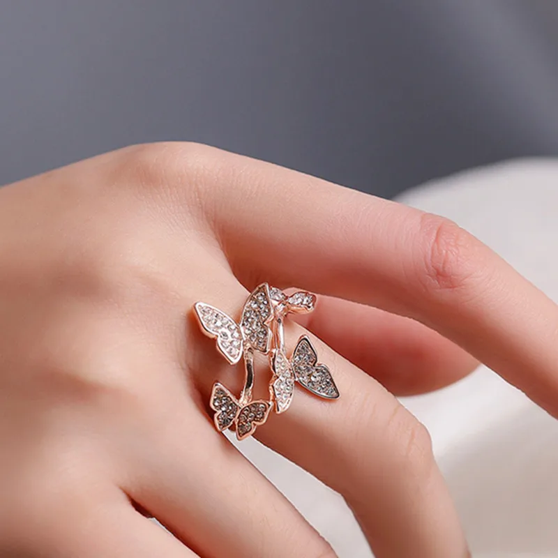 Woozu Four Butterfly Open Women Rings Fashion Three Colors Crystal Zircon Wings Ring For Women Trendy Jewelry Rings