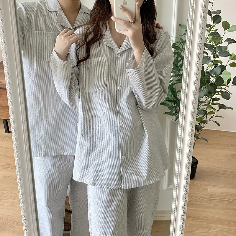 5 color spring autumn couple pajama set striped long sleeve loose cotton sleepwear two piece set women/men home clothesL511