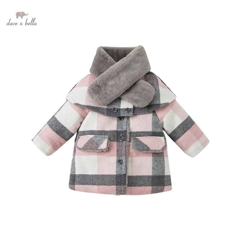 

DB18555 dave bella winter baby girl fashion plaid coat children girls tops infant toddler outerwear with a scarf