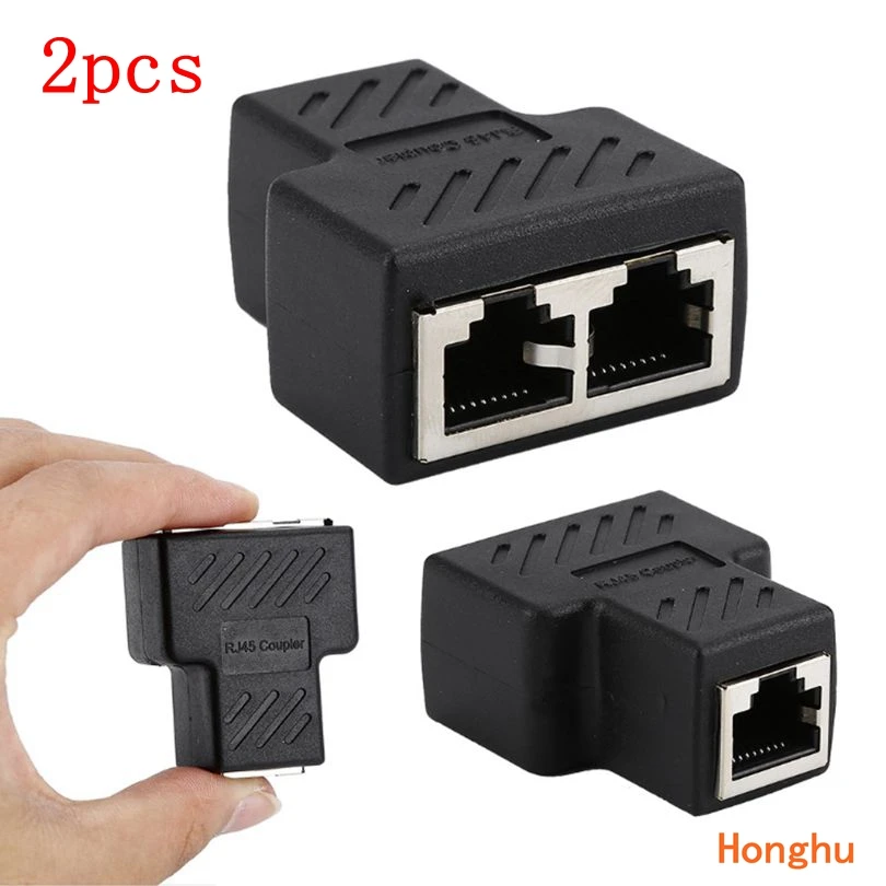 2pcs Black 1 To 2 LAN RJ45 Connector Network Cable Splitter Extender Plug Adapter Connector oxygen free copper conductor