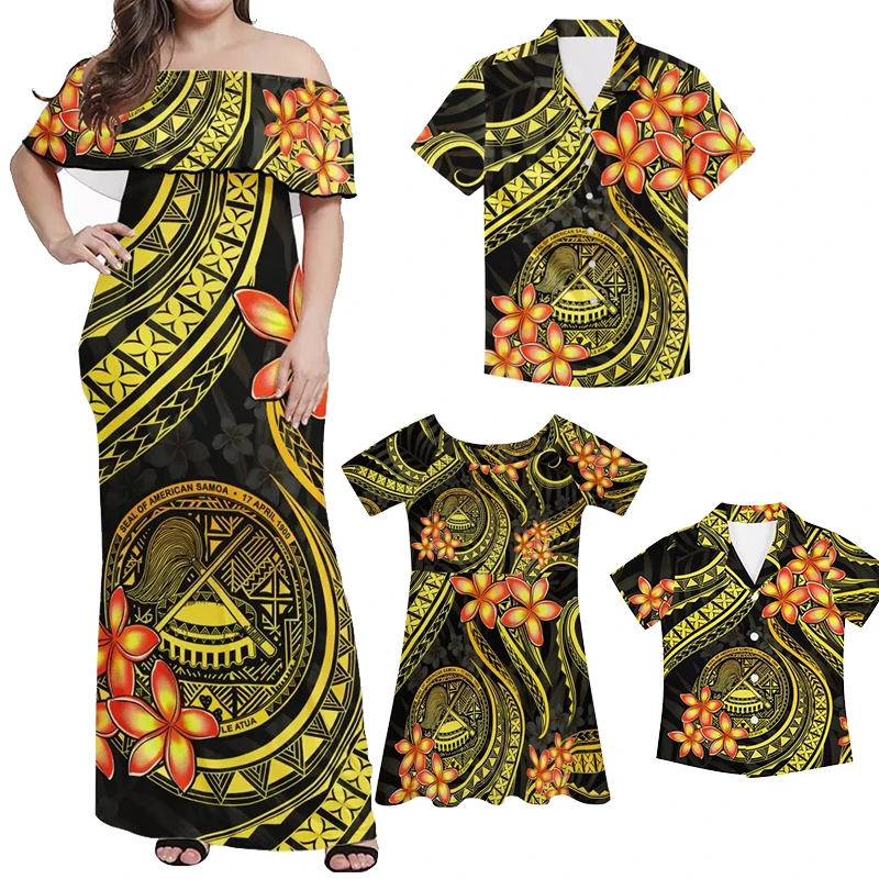 HYCOOL Green Off Shoulder Dress Matching Outfits Mom Like Daughter Polynesian Tribal Clothing Family Set Christmas Dad Gifts