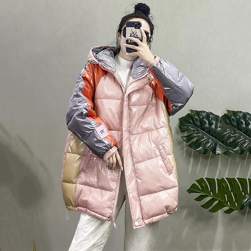 Autumn Winter Coats Ladies Fashion Shiny Cotton Coat Loose Bread Clothing Jackets Hooded Contrasting Color Cotton Clothing Women