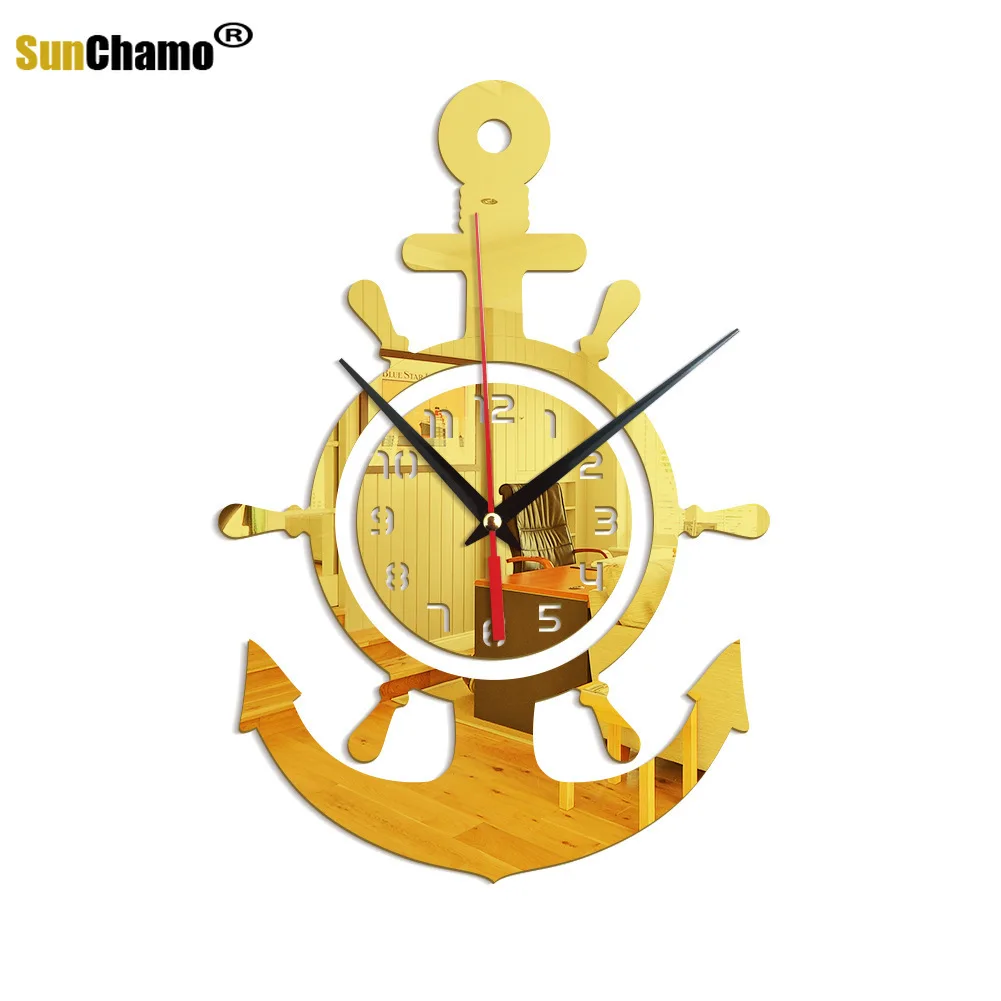 Anchor Helmsman Sailor Pirate Ship Acrylic Mirror Wall Clock Personality 3D Cross-border Mediterranean Style Decor Living Room